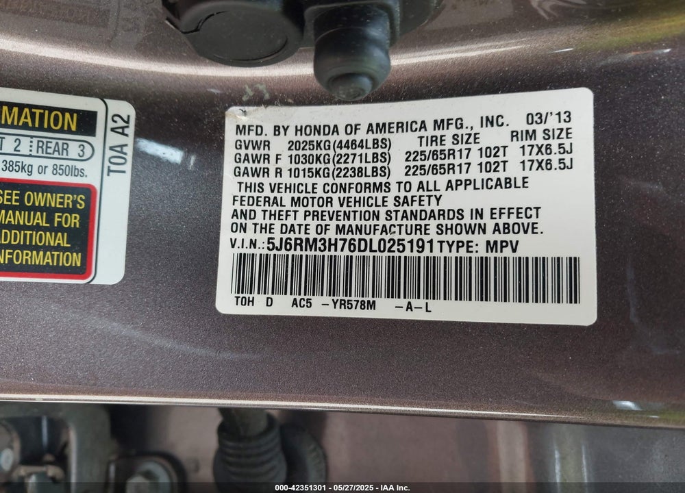 2013 HONDA CR-V EX-L VIN: 5J6RM3H76DL025191
