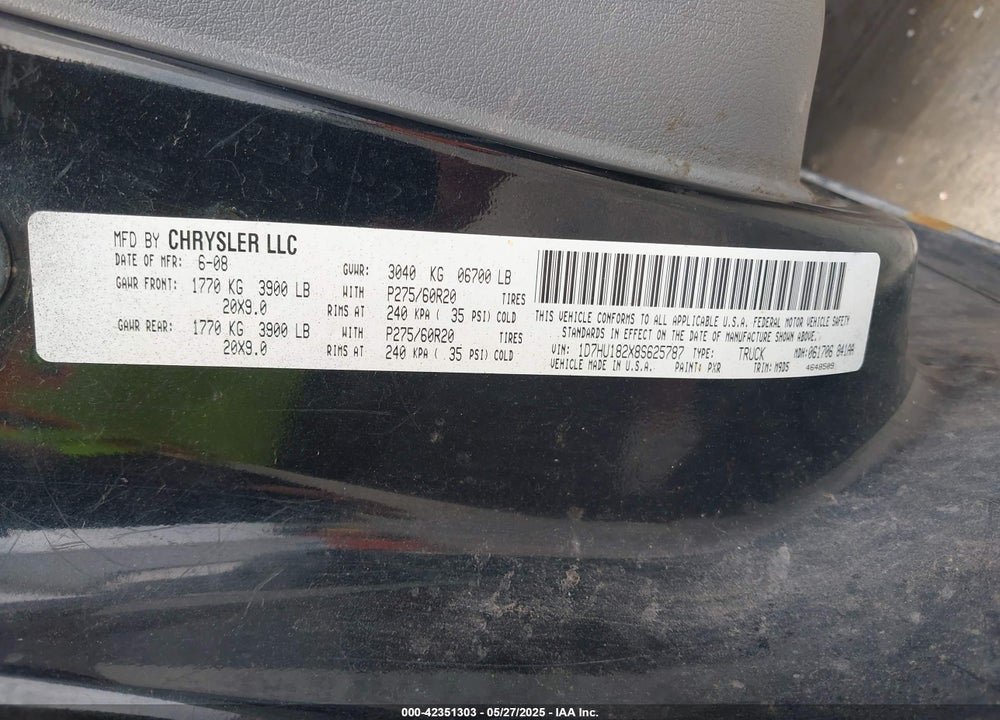 2008 DODGE RAM 1500 VIN: 1D7HU182X8S625787