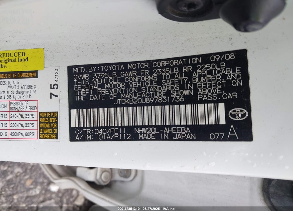 2009 TOYOTA PRIUS VIN: JTDKB20U897831736