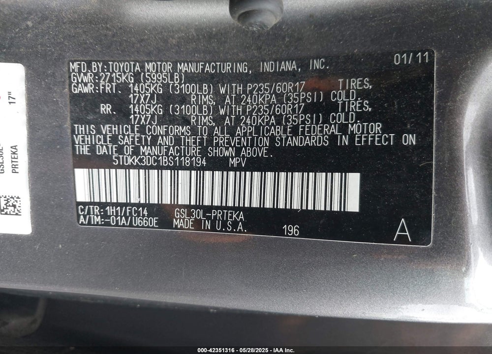 2011 TOYOTA SIENNA LE V6 VIN: 5TDKK3DC1BS118194