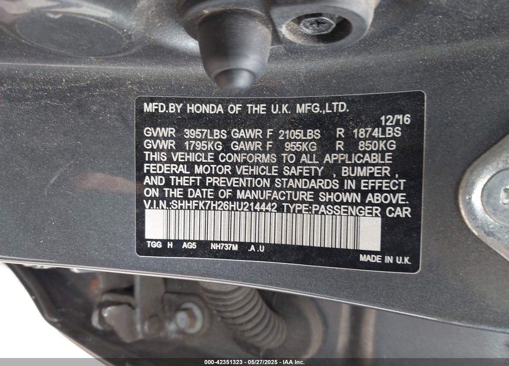 2017 HONDA CIVIC VIN: SHHFK7H26HU214442