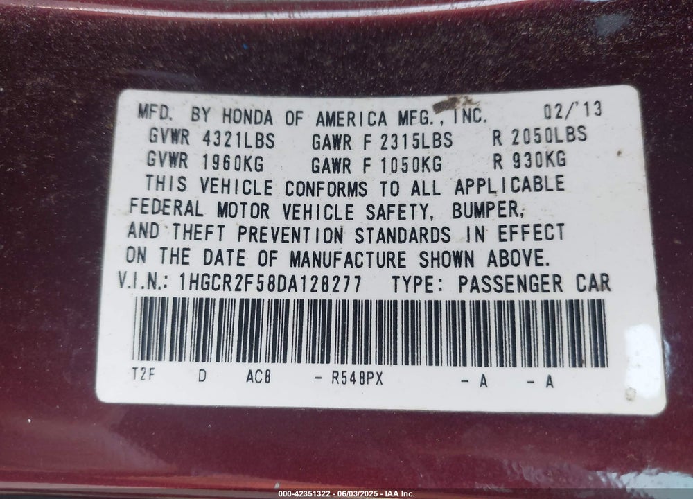 2013 HONDA ACCORD VIN: 1HGCR2F58DA128277