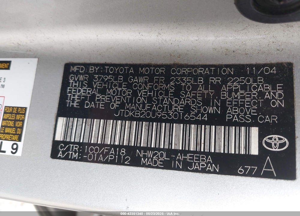2005 TOYOTA PRIUS VIN: JTDKB20U953016544
