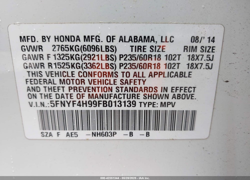 2015 HONDA PILOT VIN: 5FNYF4H99FB013139