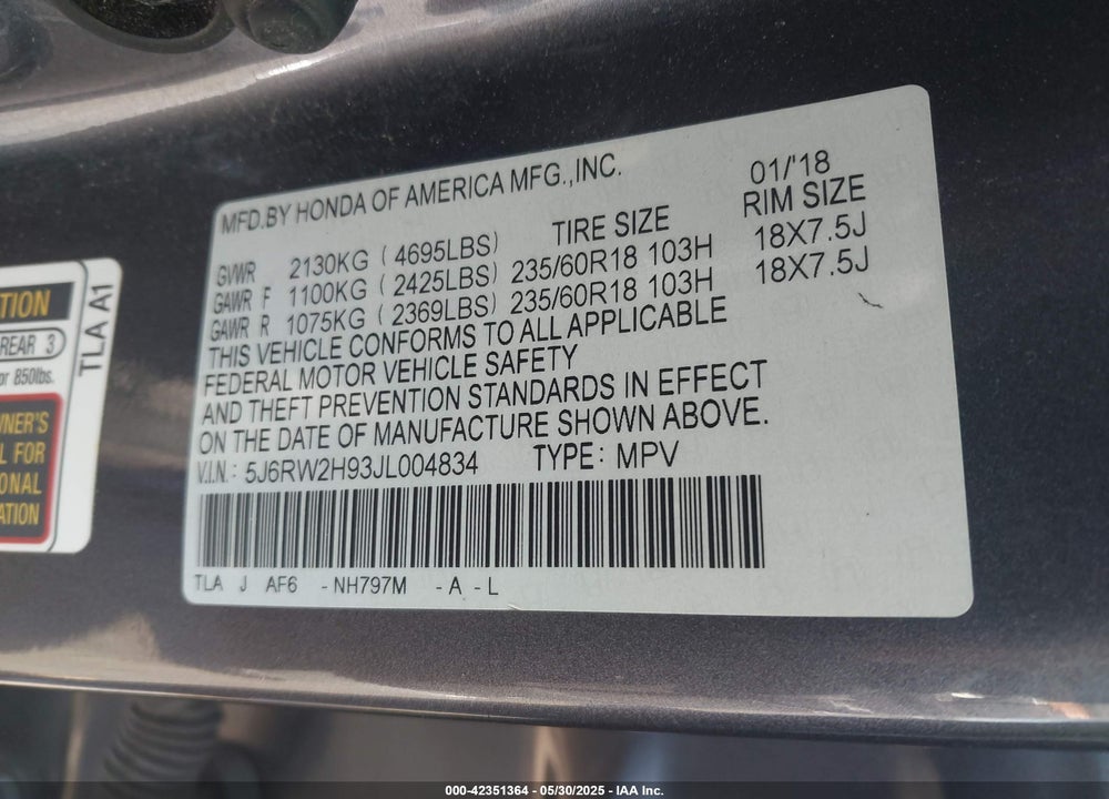 2018 HONDA CR-V VIN: 5J6RW2H93JL004834