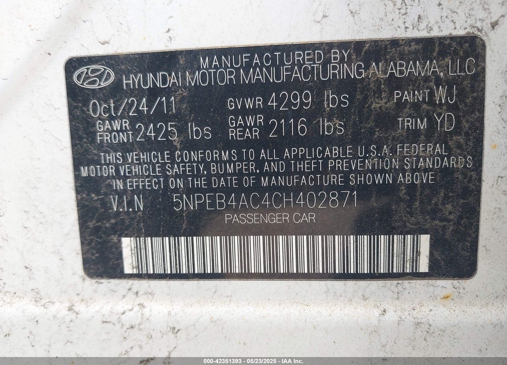 2012 HYUNDAI SONATA VIN: 5NPEB4AC4CH402871
