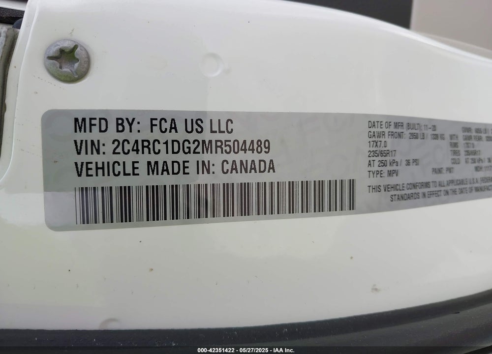 2021 CHRYSLER VOYAGER LXI VIN: 2C4RC1DG2MR504489