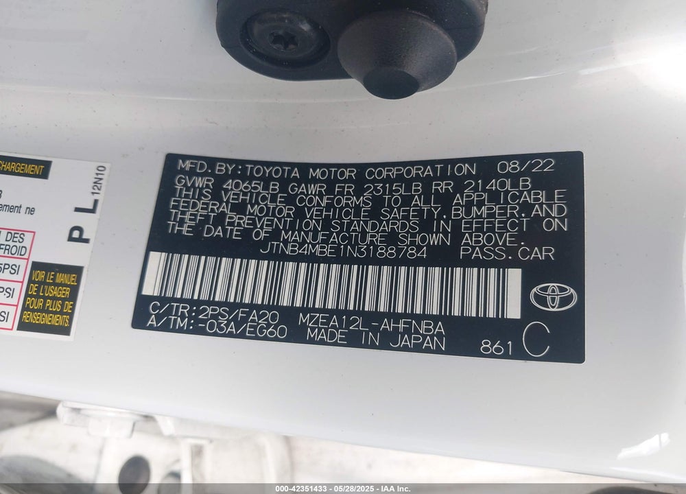 2022 TOYOTA COROLLA VIN: JTNB4MBE1N3188784