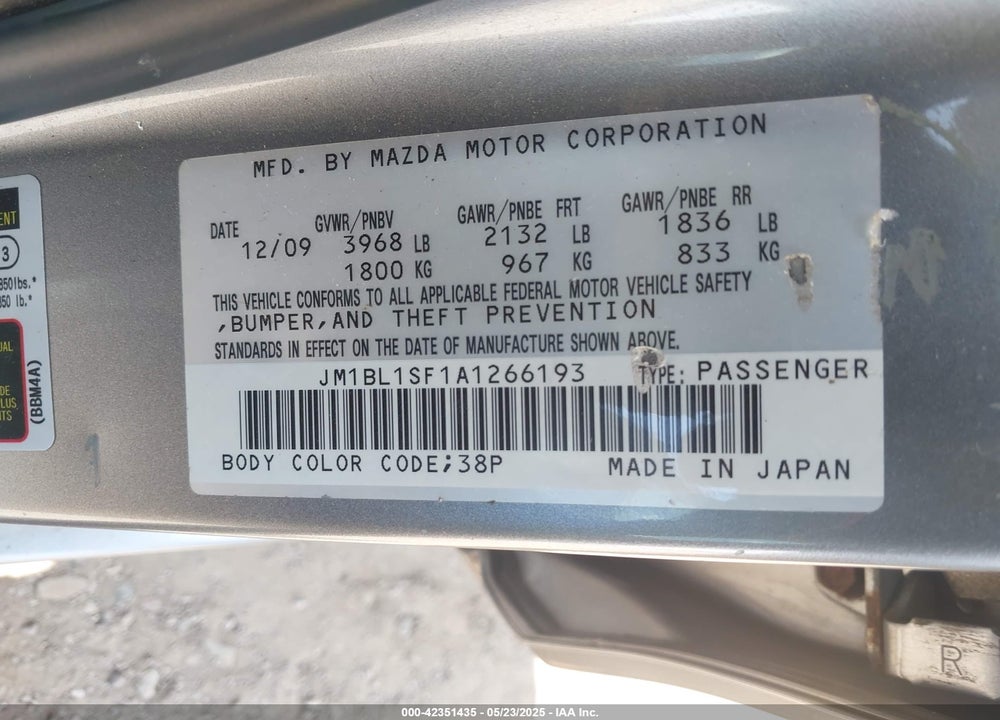 2010 MAZDA 3 I TOURING VIN: JM1BL1SF1A1266193