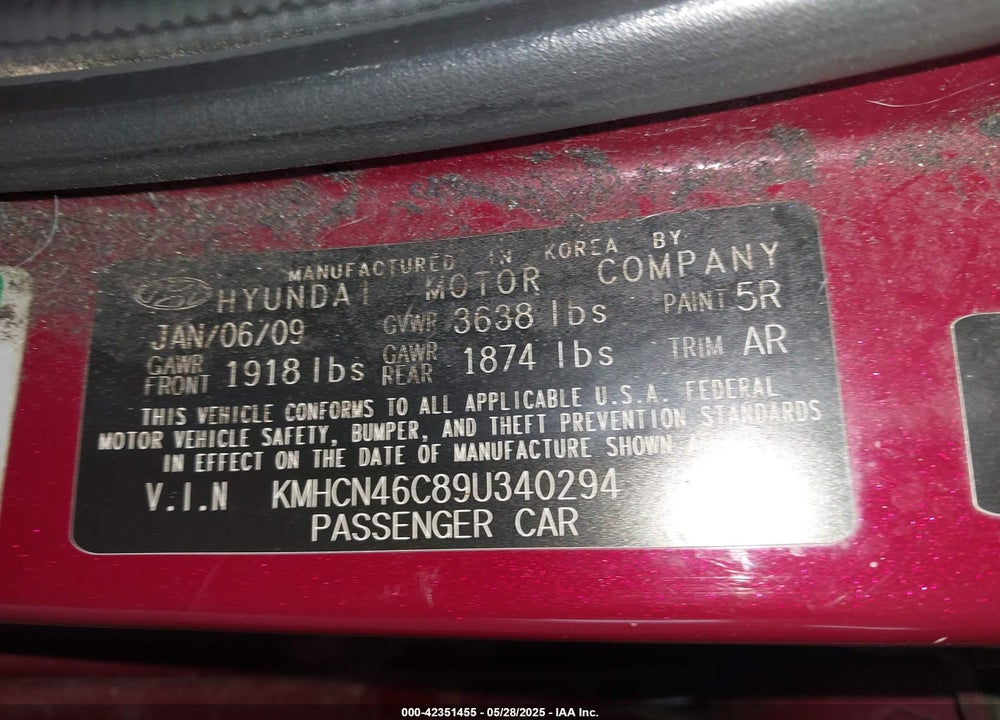 2009 HYUNDAI ACCENT VIN: KMHCN46C89U340294