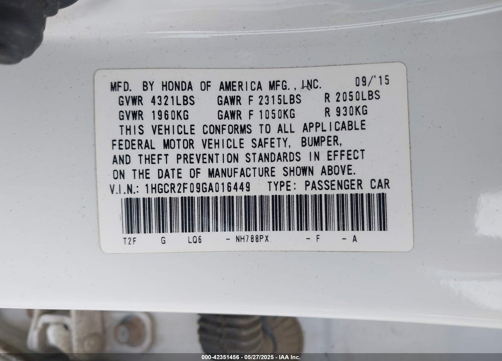 2016 HONDA ACCORD VIN: 1HGCR2F09GA016449
