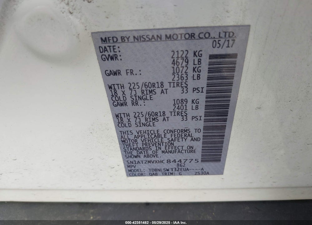2017 NISSAN ROGUE SL VIN: 5N1AT2MVXHC844775