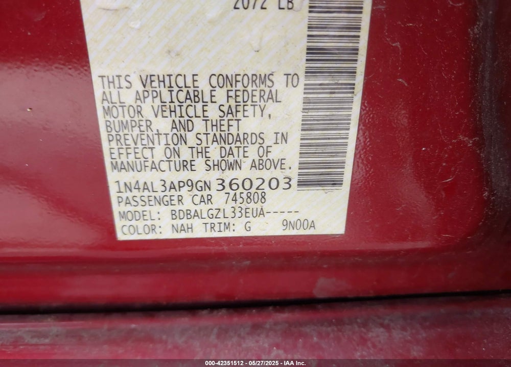 2016 NISSAN ALTIMA VIN: 1N4AL3AP9GN360203