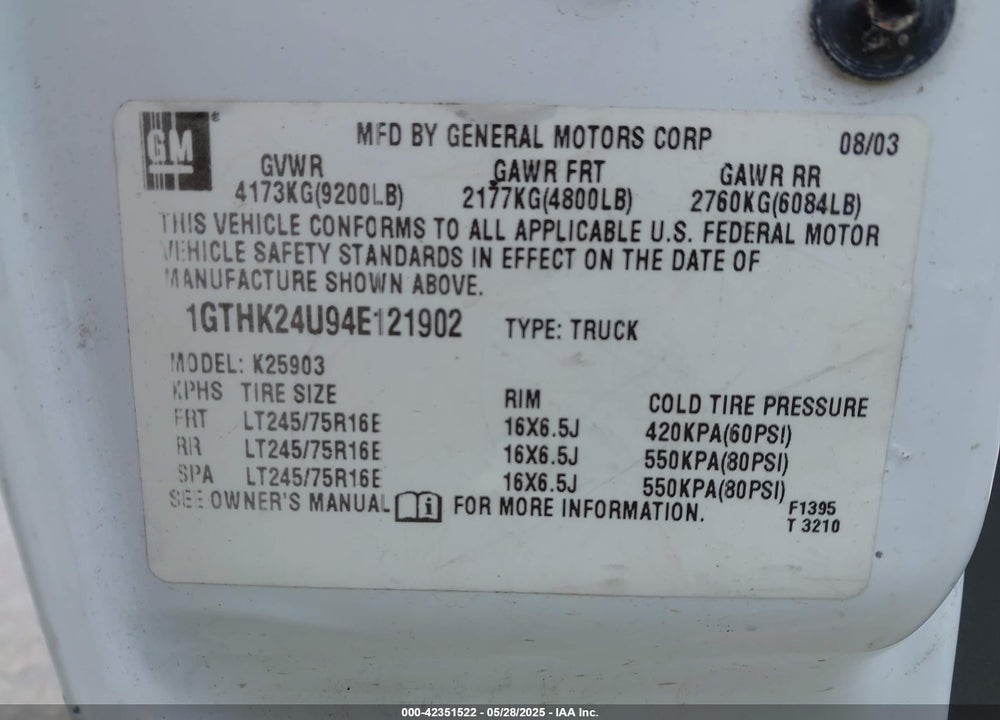 2004 GMC SIERRA 2500HD VIN: 1GTHK24U94E121902