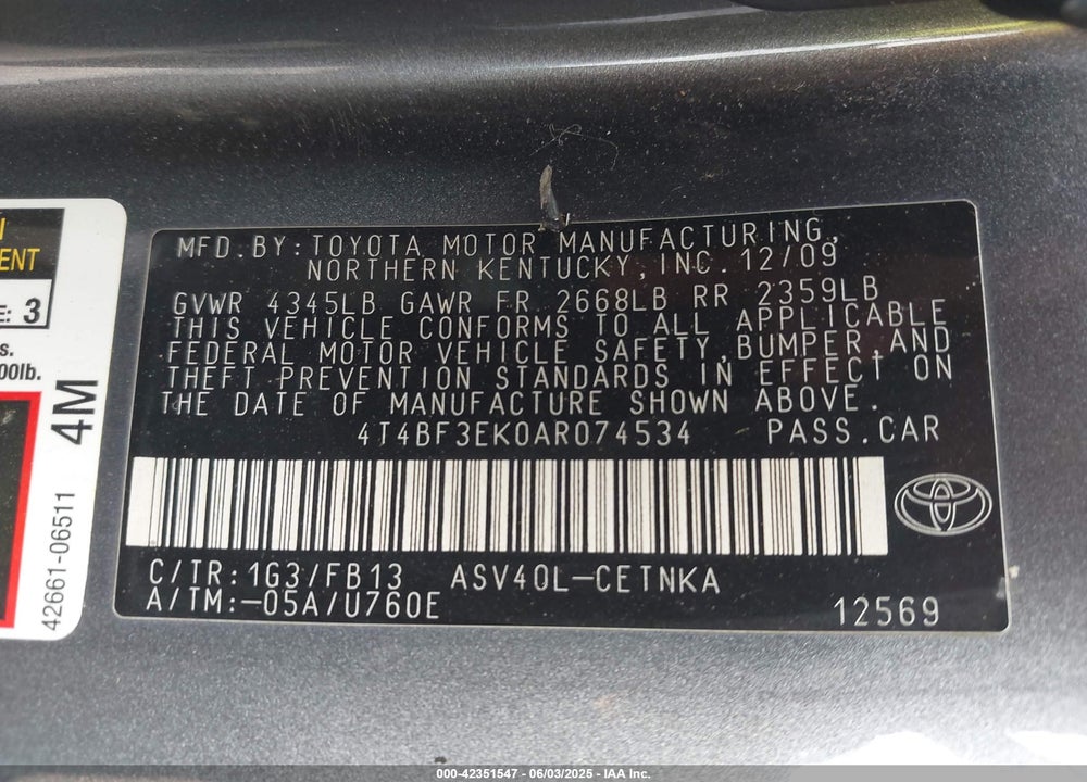 2010 TOYOTA CAMRY SE/LE/XLE VIN: 4T4BF3EK0AR074534