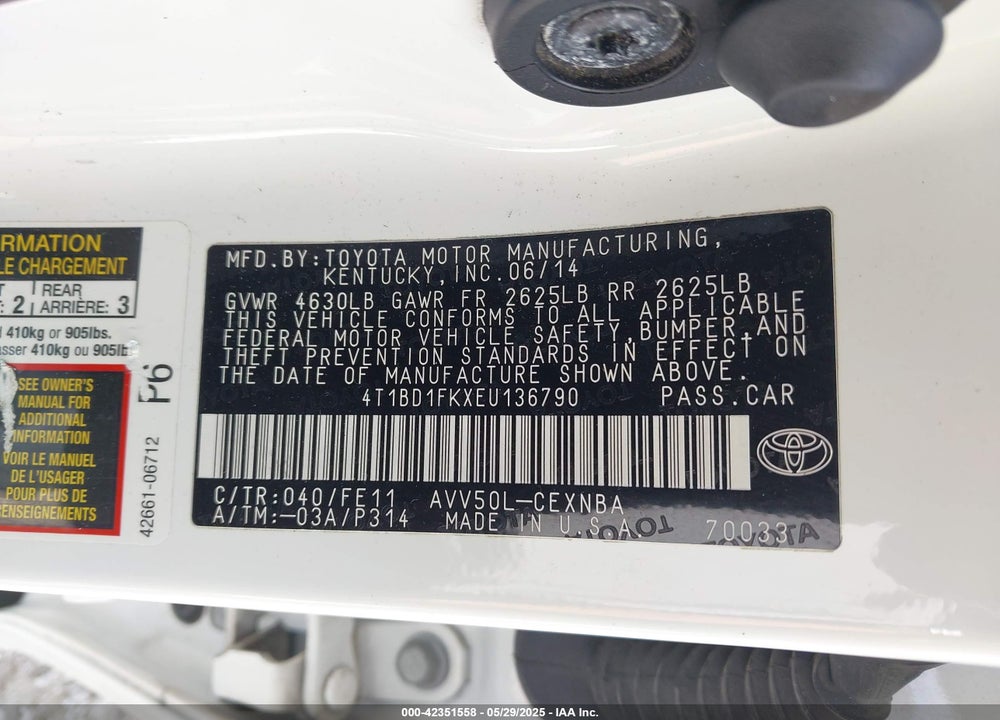 2014 TOYOTA CAMRY HYBRID LE VIN: 4T1BD1FKXEU136790
