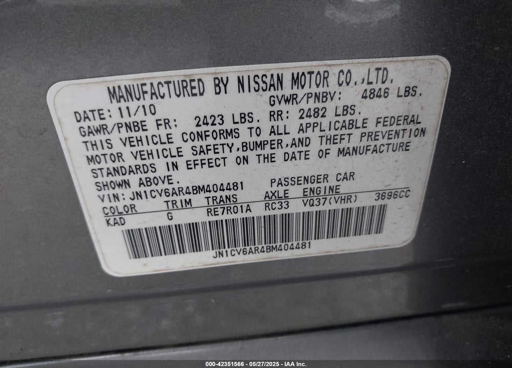 2011 INFINITI G37X VIN: JN1CV6AR4BM404481