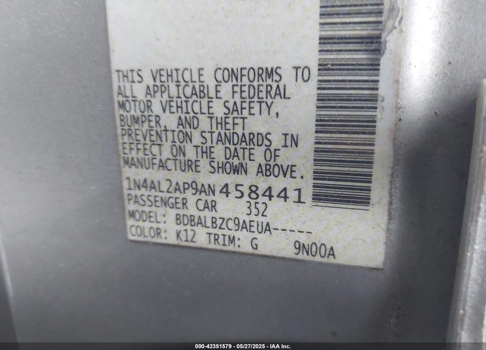 2010 NISSAN ALTIMA VIN: 1N4AL2AP9AN458441