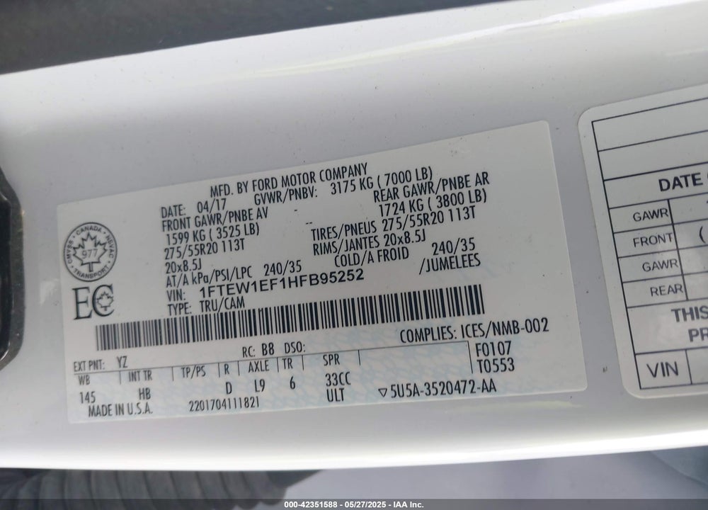 2017 FORD F150 VIN: 1FTEW1EF1HFB95252
