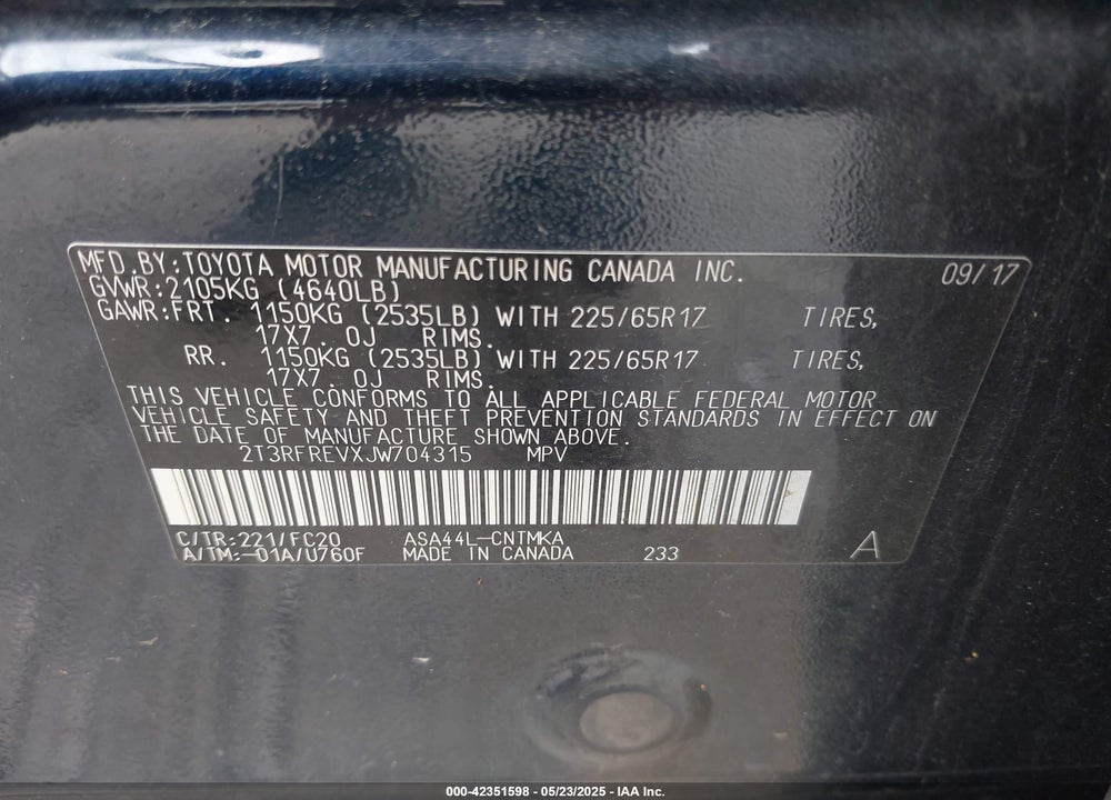2018 TOYOTA RAV4 VIN: 2T3RFREVXJW704315