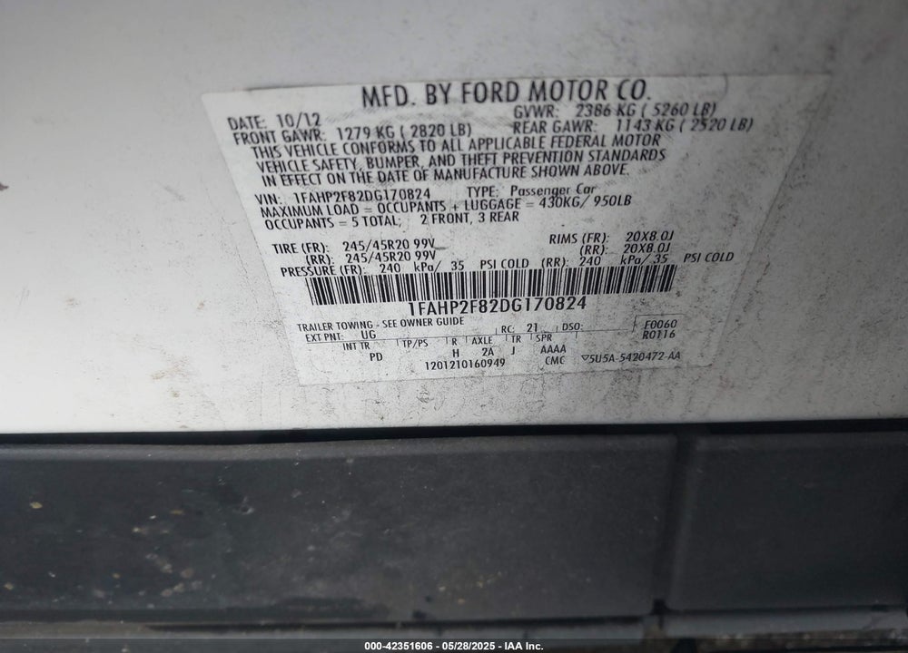 2013 FORD TAURUS VIN: 1FAHP2F82DG170824