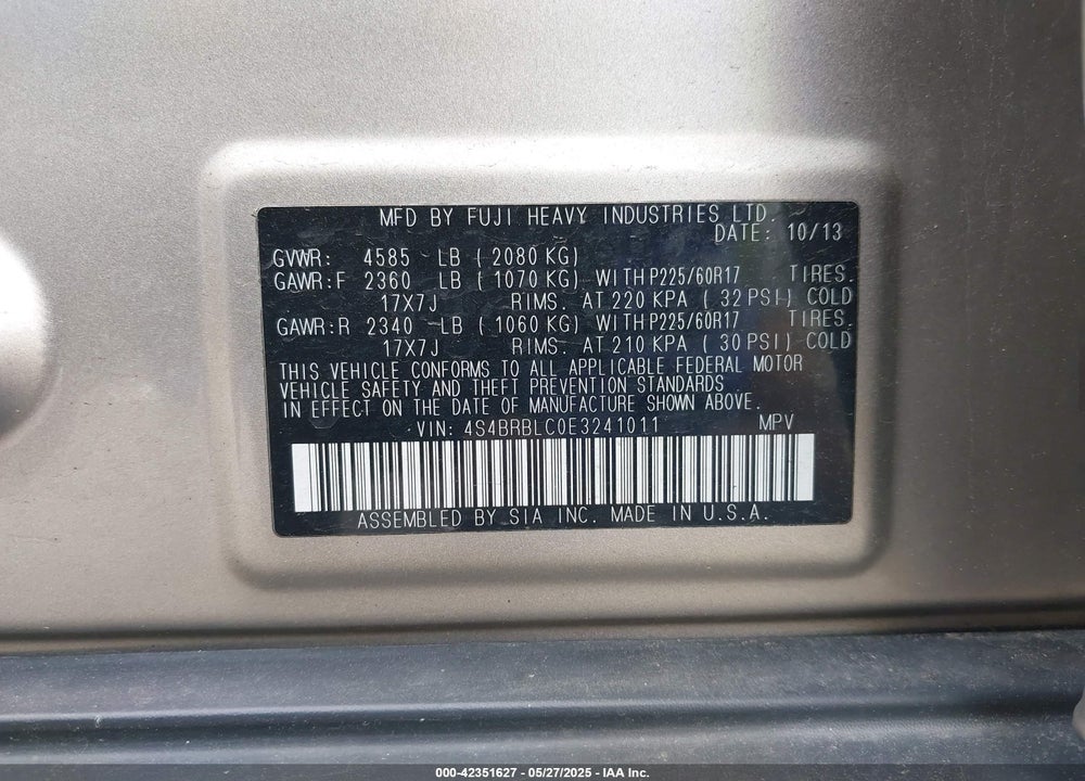 2014 SUBARU OUTBACK VIN: 4S4BRBLC0E3241011