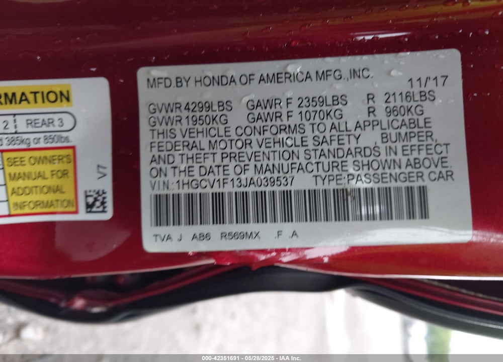 2018 HONDA ACCORD LX VIN: 1HGCV1F13JA039537
