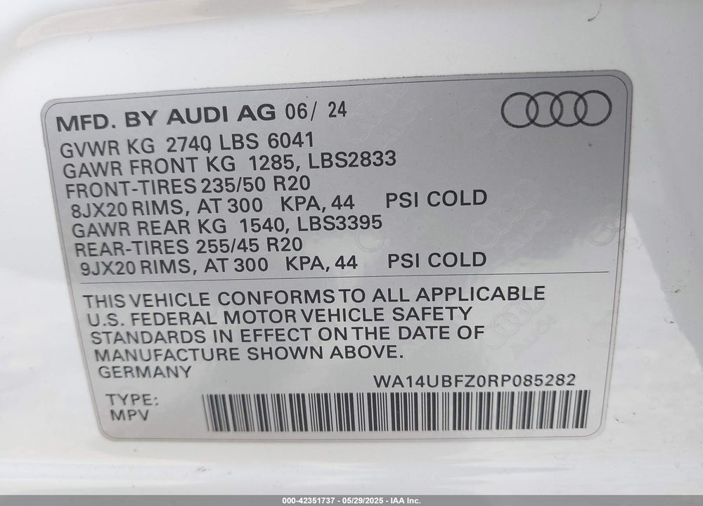 2024 AUDI Q4 E-TRON VIN: WA14UBFZ0RP085282