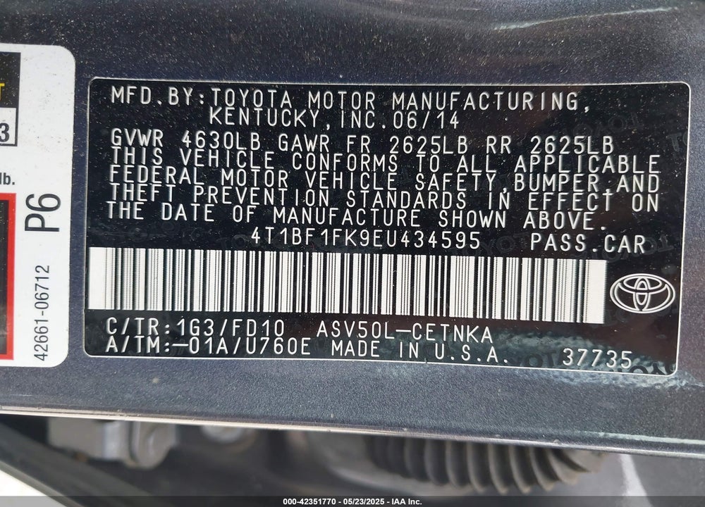 2014 TOYOTA CAMRY VIN: 4T1BF1FK9EU434595