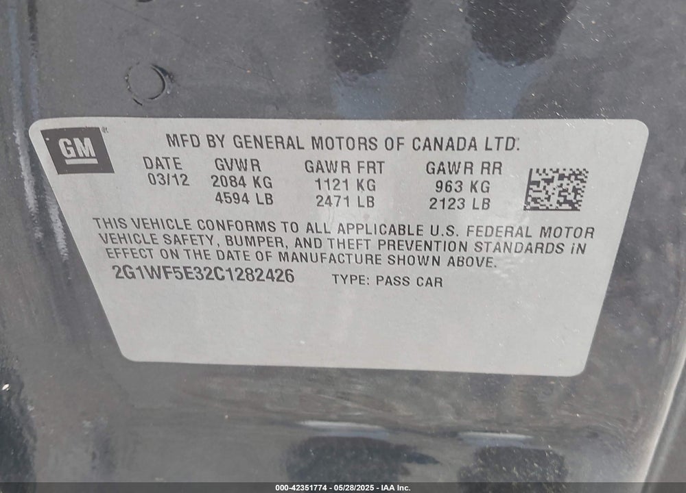 2012 CHEVROLET IMPALA VIN: 2G1WF5E32C1282426
