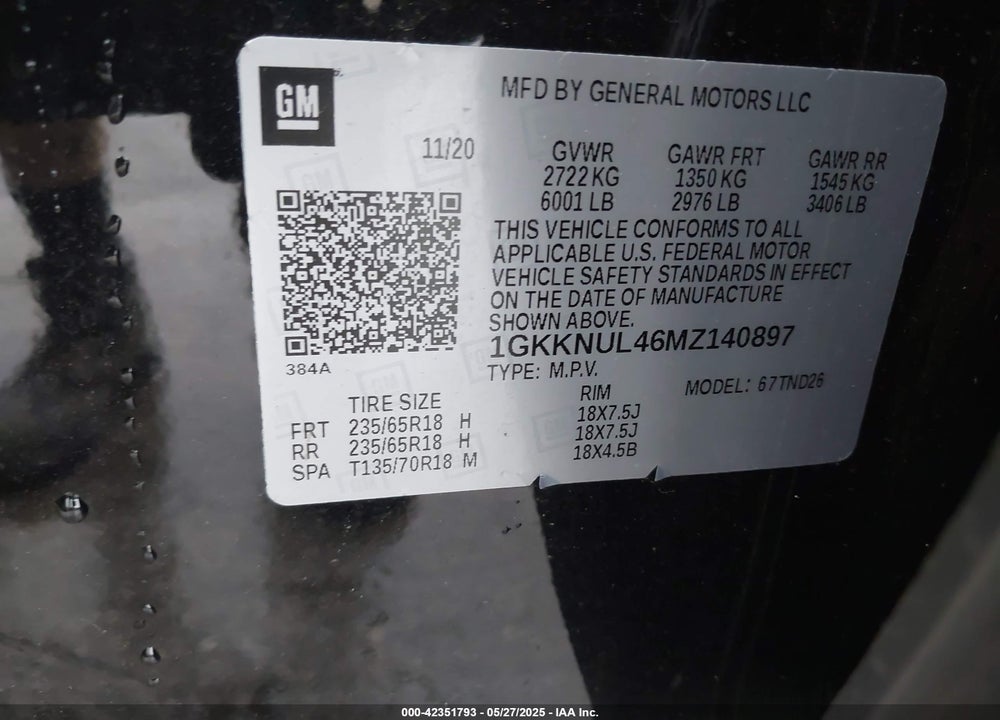 2021 GMC ACADIA VIN: 1GKKNUL46MZ140897