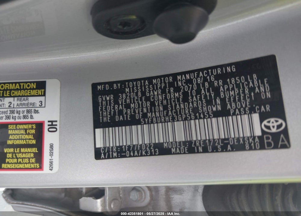 2016 TOYOTA COROLLA VIN: 5YFBURHE3GP561455