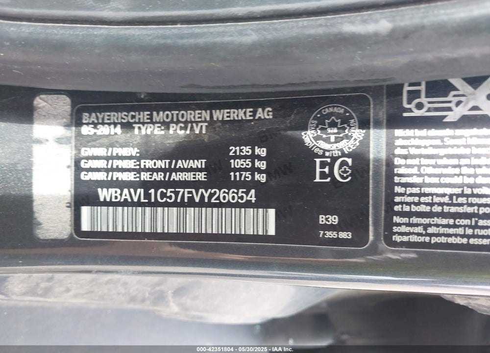 2015 BMW X1 VIN: WBAVL1C57FVY26654