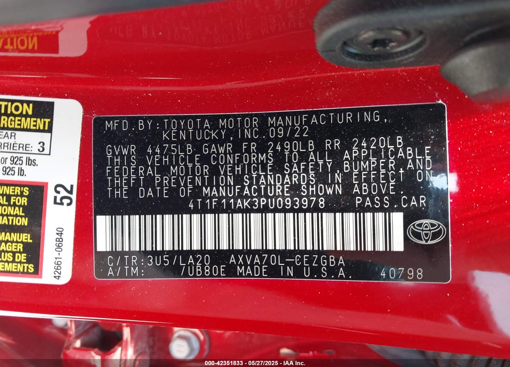 2023 TOYOTA CAMRY XLE VIN: 4T1F11AK3PU093978