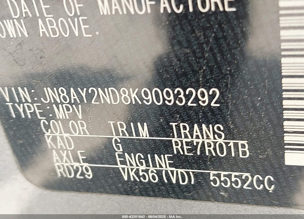 2019 NISSAN ARMADA PLATINUM VIN: JN8AY2ND8K9093292