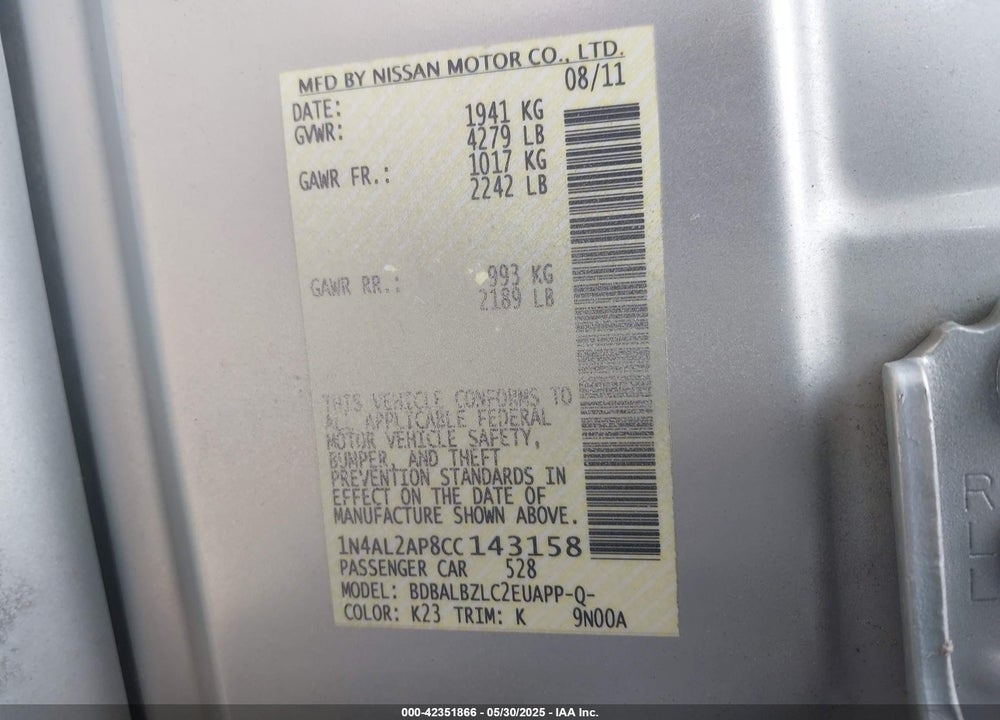 2012 NISSAN ALTIMA VIN: 1N4AL2AP8CC143158