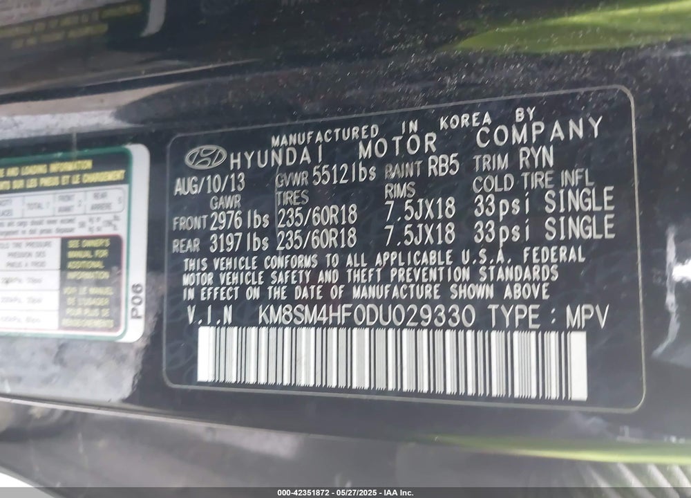 2013 HYUNDAI SANTA FE VIN: KM8SM4HF0DU029330