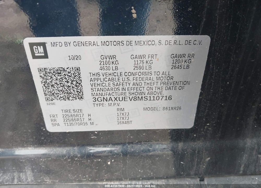 2021 CHEVROLET EQUINOX VIN: 3GNAXUEV8MS110716
