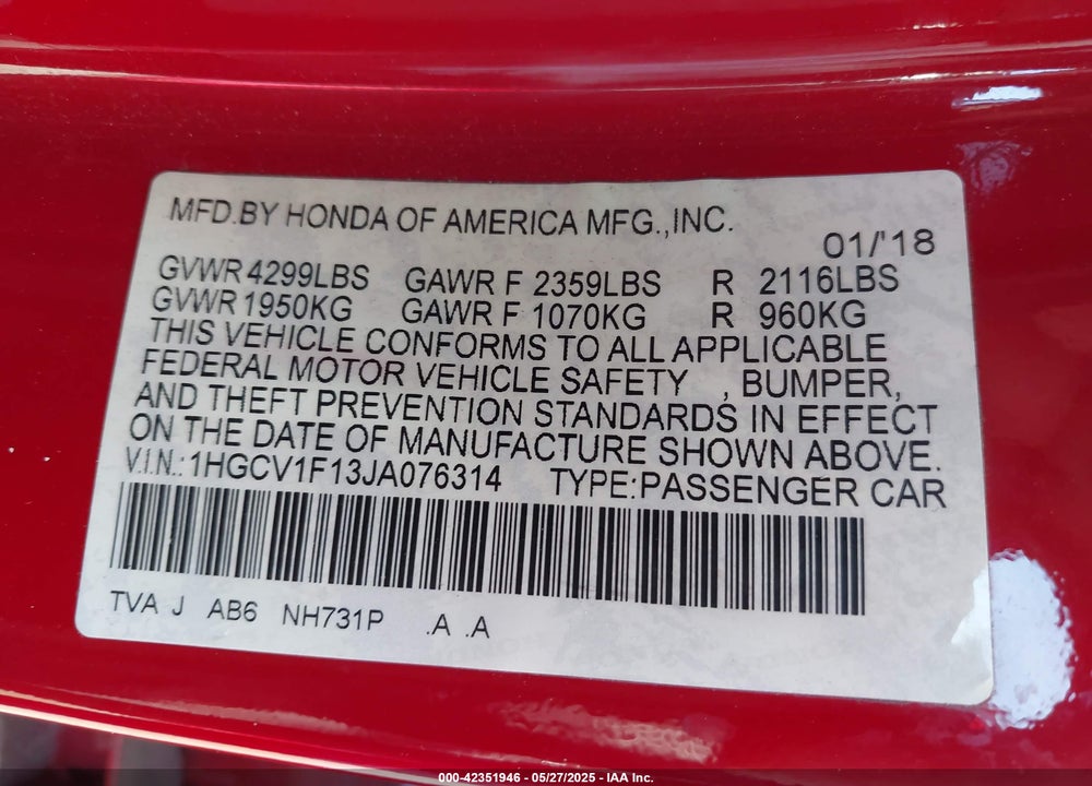2018 HONDA ACCORD VIN: 1HGCV1F13JA076314