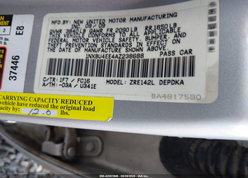 2010 TOYOTA COROLLA LE/S/XLE VIN: 1NXBU4EE4AZ238688