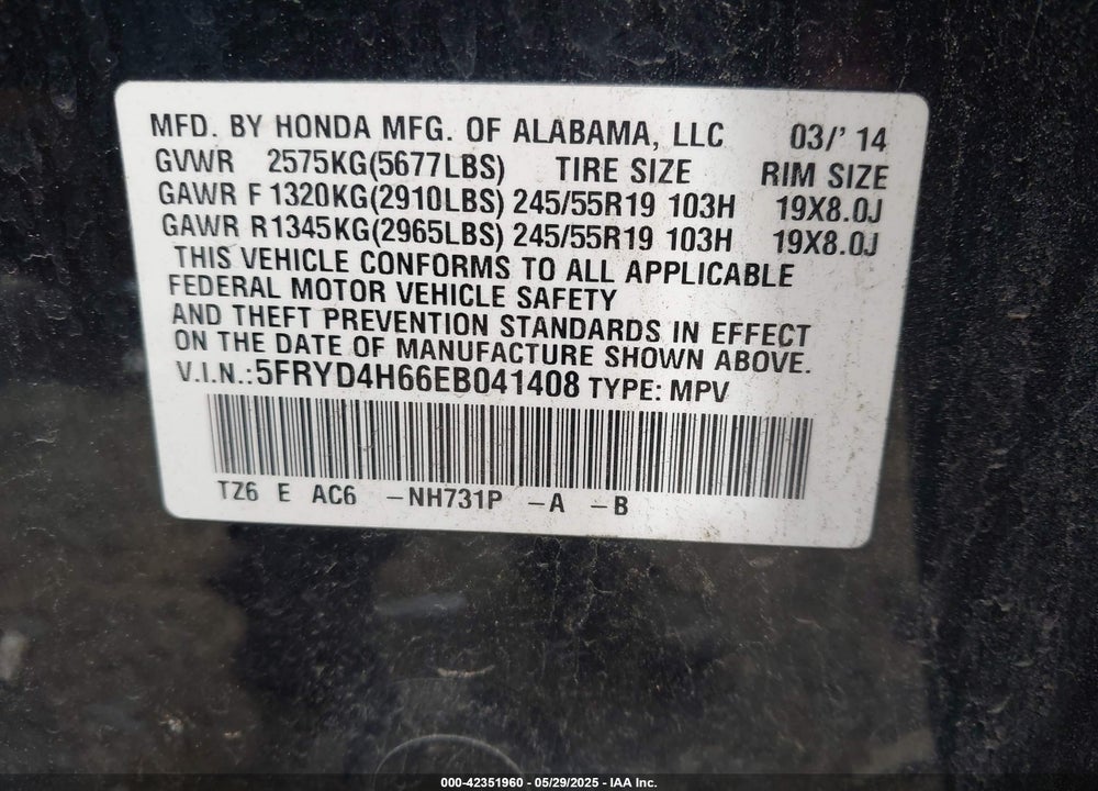 2014 ACURA MDX TECHNOLOGY PKG W/ENTERTAINMENT PKG VIN: 5FRYD4H66EB041408