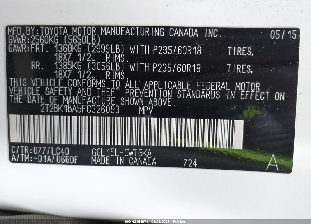 2015 LEXUS RX 350 VIN: 2T2BK1BA5FC326093