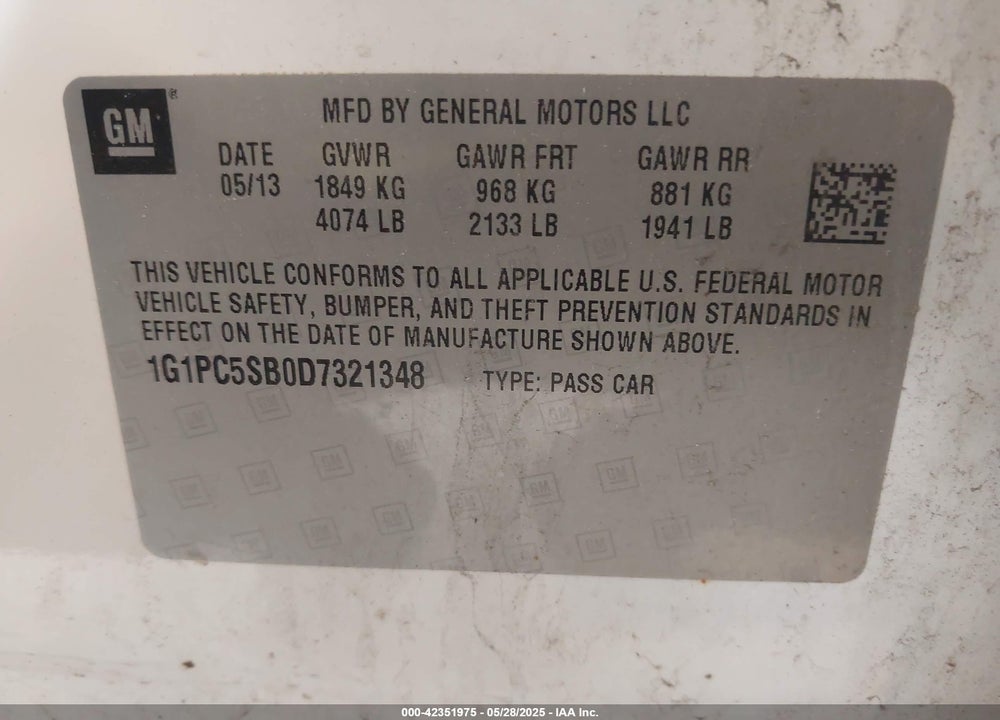 2013 CHEVROLET CRUZE VIN: 1G1PC5SB0D7321348