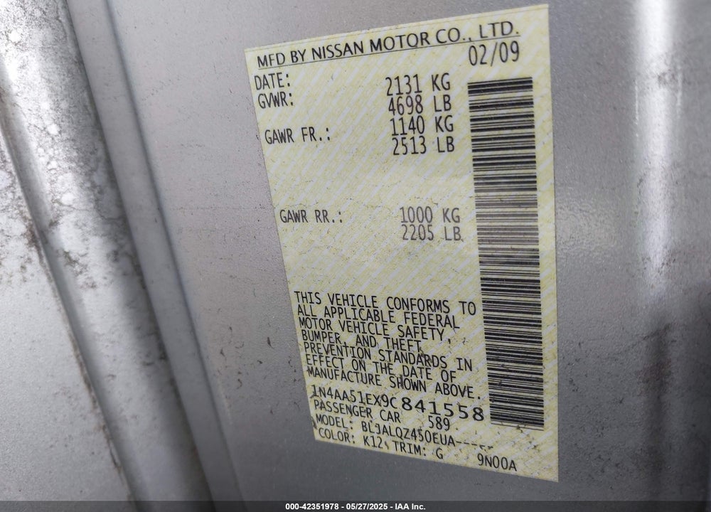 2009 NISSAN MAXIMA 3.5 S VIN: 1N4AA51EX9C841558