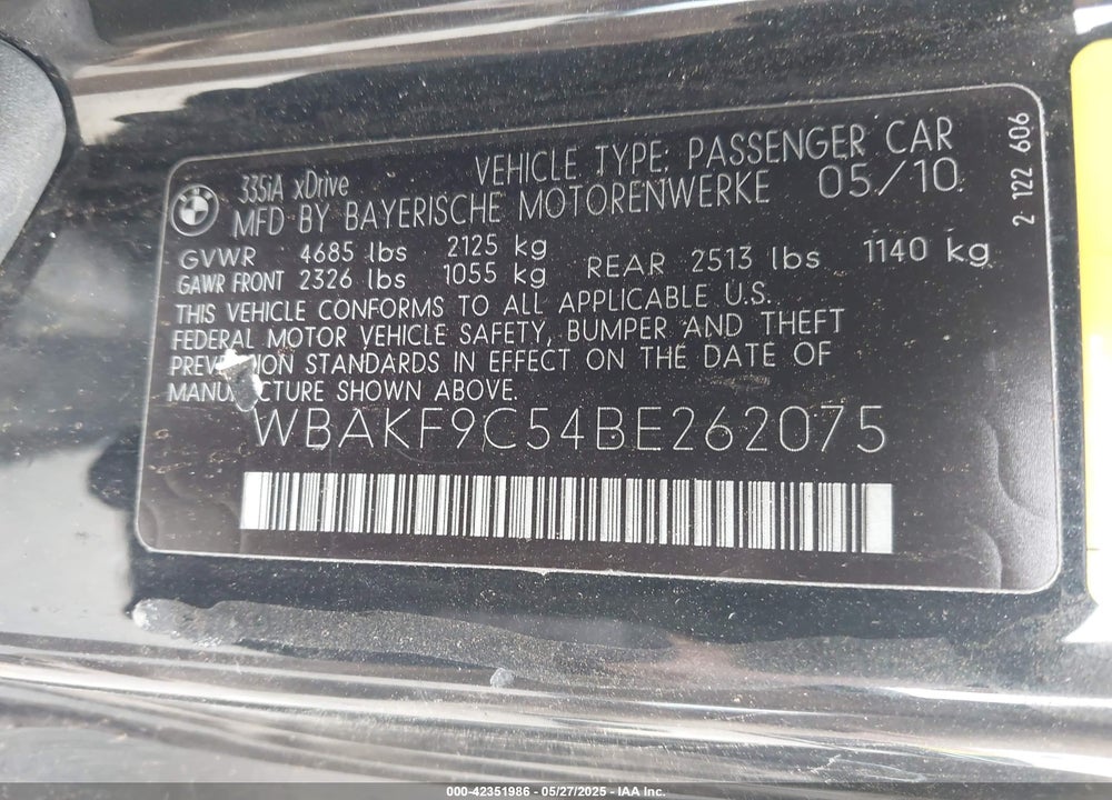 2011 BMW 335I VIN: WBAKF9C54BE262075