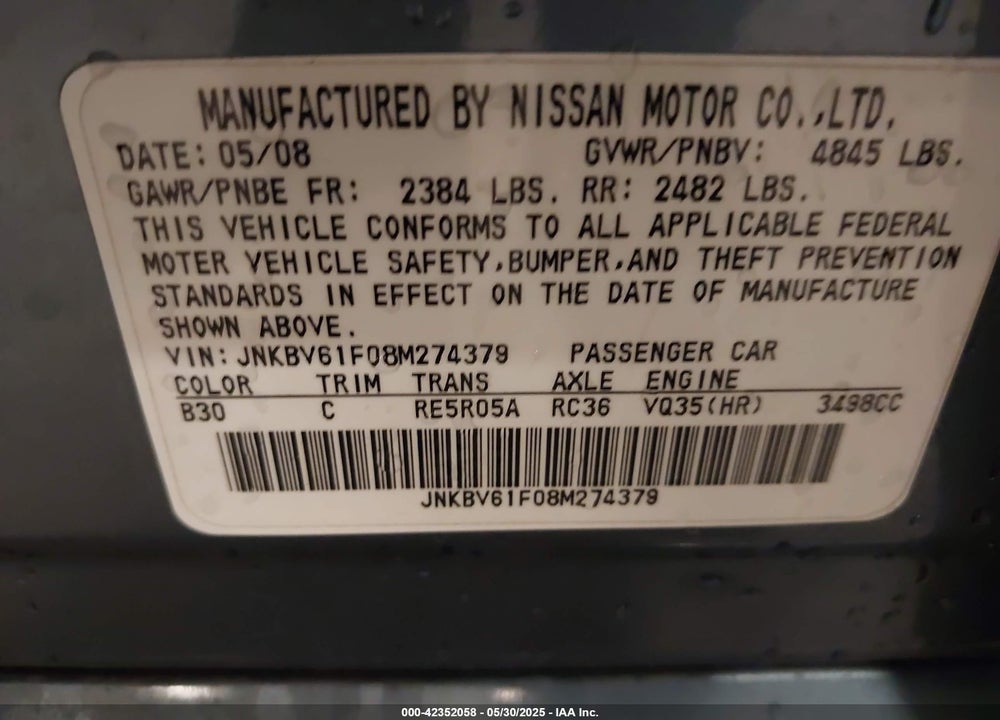 2008 INFINITI G35X VIN: JNKBV61F08M274379