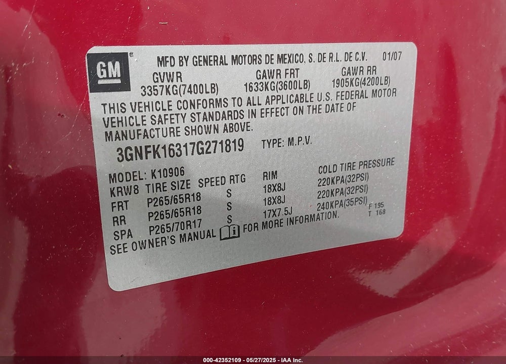 2007 CHEVROLET SUBURBAN 1500 VIN: 3GNFK16317G271819
