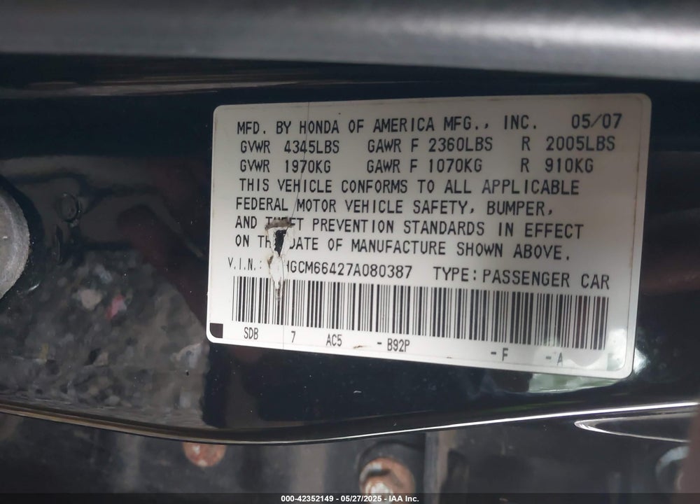 2007 HONDA ACCORD 3.0 SE VIN: 1HGCM66427A080387