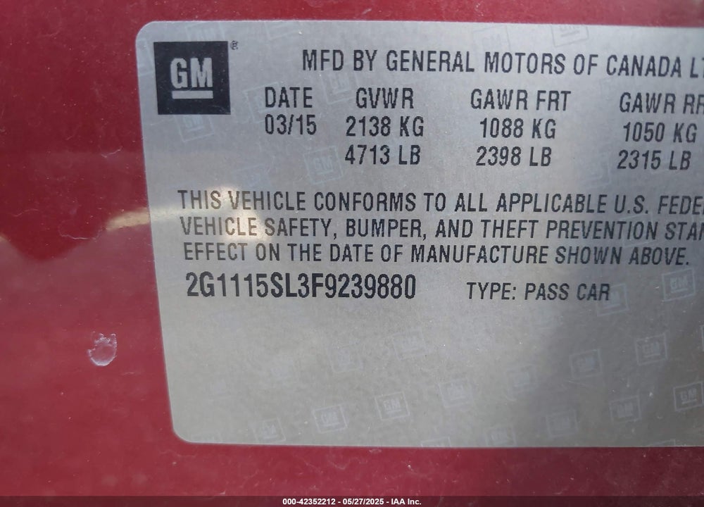 2015 CHEVROLET IMPALA 1LT VIN: 2G1115SL3F9239880