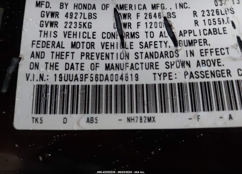 2013 ACURA TL VIN: 19UUA9F56DA004819